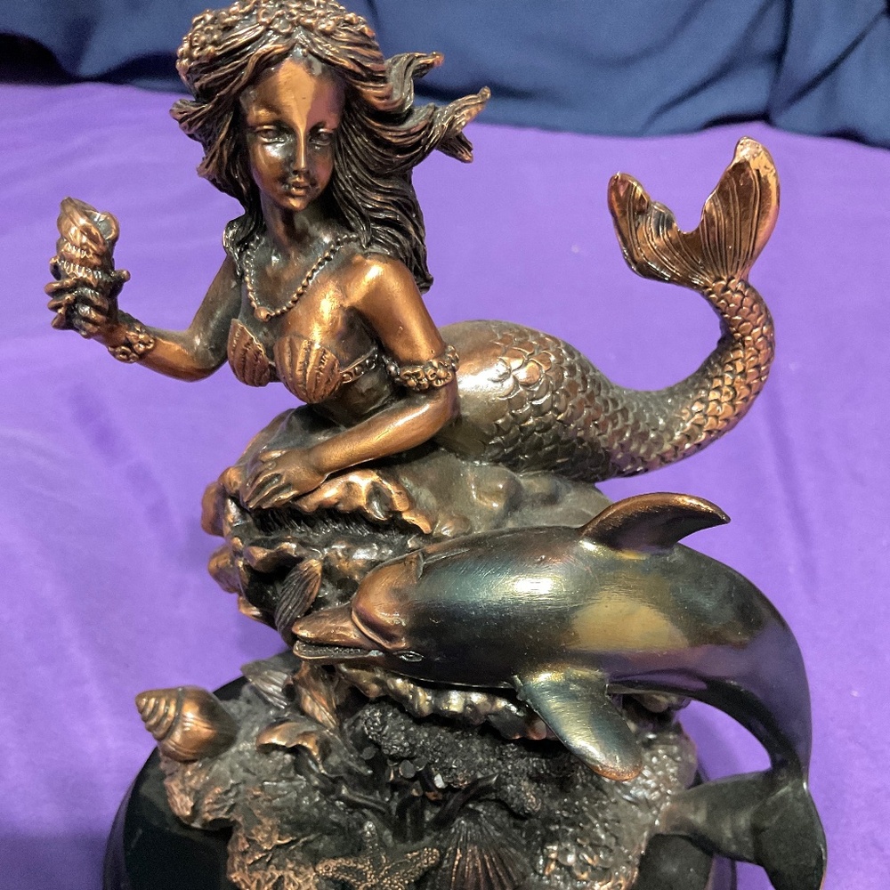 Mermaid with dolphin statue copper patina. H145